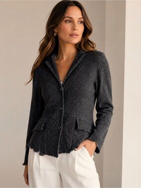 Transit Par Such Charcoal Linen Blend Knit Blazer Jacket Raw Hem US 4